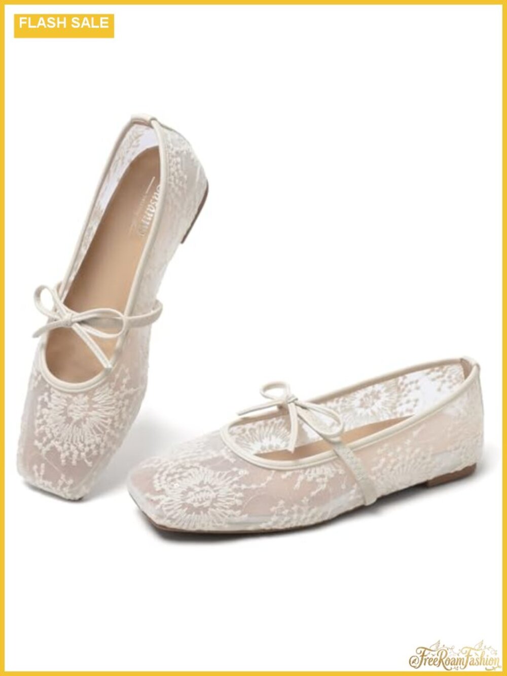 Women's Lace Mary Jane Ballet Flats Square Toe Bow Strap Cushioned Comfort